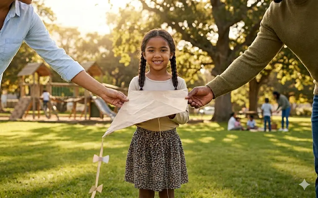A young girl smiling in a sunlit park as two parents hold a kite together, symbolizing healthy co-parenting after divorce and family stability.